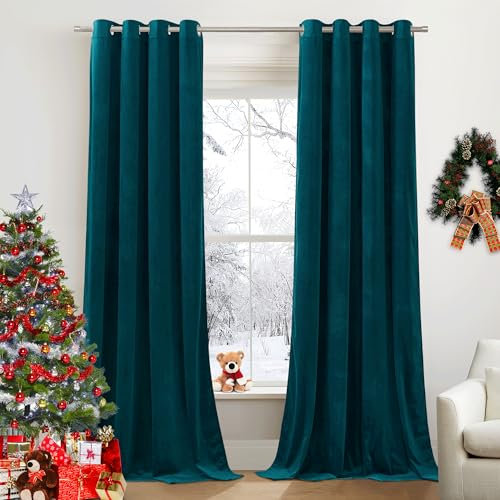 PONY DANCE Samt Gardinen Wohnzimmer mit Ösen 2er Set Thermo Vorhänge Kälteschutz Soft and Thick Velvet Curtains for Living Room (300g/m²) Samtvorhang Verdunkelung, H 280 x B 132 cm, Pfauenblau
