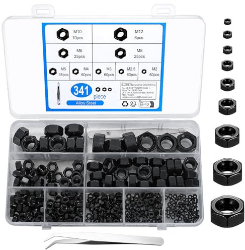 341 Stück Sechskantmuttern Sortiment Set, Selbstsichernd Kontermutter Klemmmuttern, Kohlenstoffstahl Schraubensicherung Sicherungsmuttern Schraubenmuttern, M2/M2,5/M3/M4/M5/M6/M8/M10/M12