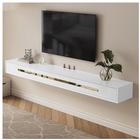 TV-Einheit, moderner hängender TV-Schrank, Wandmontage, Unterhaltungsschrank, kleiner Wohnungsschrank, Medienkonsole (weiß + gold, 160 cm)