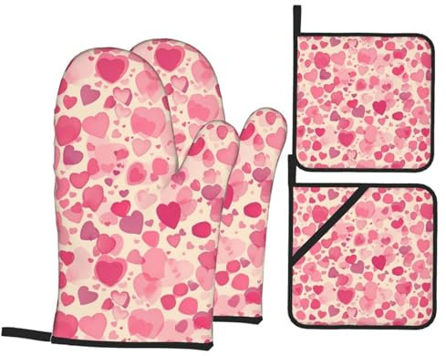 YYHWHJDE Lot de 4 maniques et maniques imprimées cœurs roses : épais et durables, anti-brûlures et isolants thermiques