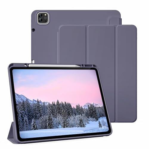 KVTVOU Custodia per iPad Pro 12.9 Pollici 2022 2021 2020 (6/5/4a generazione) con portapenne per ricaricare, retro morbido TPU, custodia per auto sveglia/sonno per iPad Pro 12.9, viola