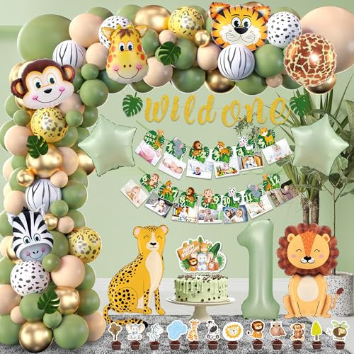 Deko 1. Geburtstag Junge Mädchen - Wild One Geburtstagdeko mit Girlande, Fotobanner, Waldtier Folienballons, Tortendeko, Grün Luftballon Girlande, Dschungel Party Dekoration 1 Jahre