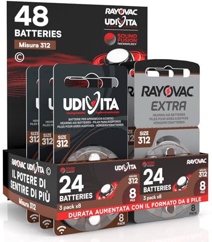 48 Batteries for Hearing Aid Size 312 (Brown) PR41 Zinc-Air with Sound Fusion Technology - 48 Batteries: 24 Rayovac + 24 Udivita