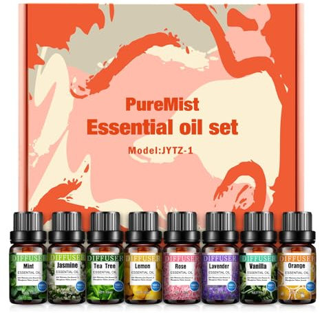 Ätherische Öle für Diffusoren für zu Hause, 8x10 mL Aromatherapie Ölset–Teebaum, Minze, Jasmin, Vanille, Zitrone, Rose, Orange und Lavendel , Ätherische Öle für Luftbefeuchter, Diffusoren, Zuhause
