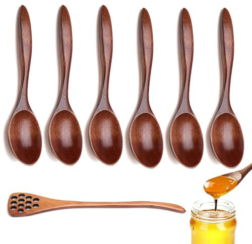 6 Pack Wooden Spoons, Natural, Perfect for Honey, Sugar, Seasoning & More - Includes 1 Mixing Stick