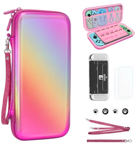 JYPS Tasche für Nintendo Switch OLED, 10 in1 Spiegeln Harter Hülle Case, Tragbare Schutz Switch Tragetasche, Reisetasche Schutzhülle für Konsole & Zubehör für Mädchen Geschenk (Rosa)