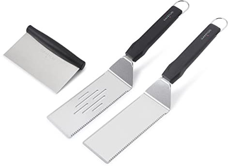 SANTOS Edelstahl Grillspachtel Set 3-Teilig - 2 Grillspachtel, 1 Grillschaber - Plancha, Grillplatte & Teppanyaki - rutschfest - spülmaschinengeeignet