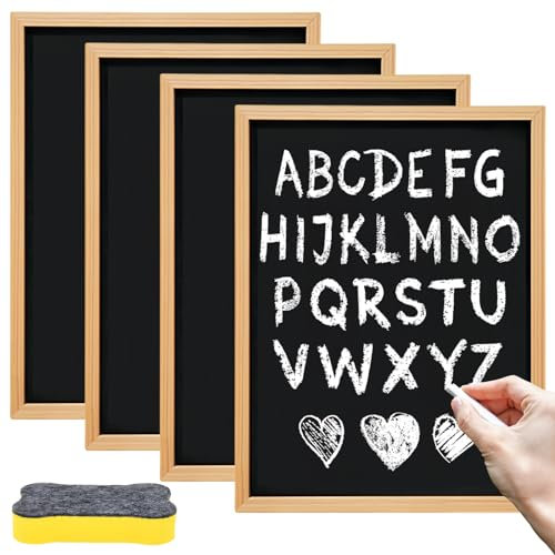 Kreidetafel mit Holzrahmen, 4 Stück Tafel zum Beschriften aus Holz, Schiefer Kreidetafel Klein mit 1 Tafelwischer aus Filz, Kreidetafel zum Aufhängen für Schule, Hochzeit, Buffet, Party (20 x 30 cm)