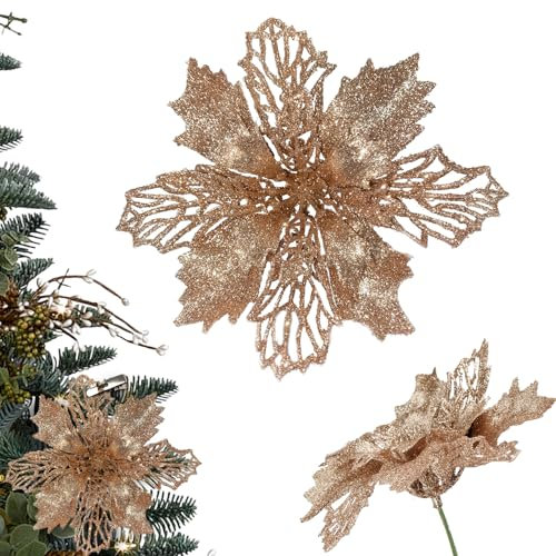 Dwafill Flores para Arbol de Navidad, 15 Piezas 14 * 14CM Flores Rojas Arbol Navidad, Se Puede Colgar, Sujetar o Pegar (Champán)