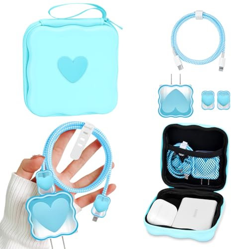 DiyGody Estuche Organizador con Kits de Protección Cable Cargador Compatible con iPhone, Protector Cargador con Diseño de Corazón Azul, Organizador Impermeable de Cargador USB Cables Auriculares