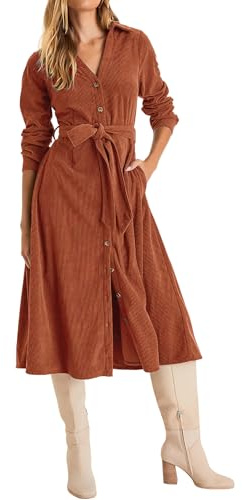 R.Vivimos Herbst Winter Damen Langarm Button Down Midikleid V Ausschnitt Krawatte Taille Cordkleider Lange Hemdkleid Mit Taschen