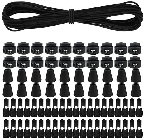 Elastische Gummischnur 10m X 3mm, Elastische Runde Schnur mit 40Pcs Reißverschluss Lock Cord, Elastische Gummiseil für Kordelzug Rucksack Bekleid Wäscheleinen Schnürsenkel, Schwarz