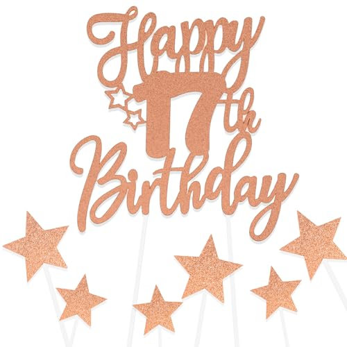 Rose Gold Happy 17th Birthday Cake Toppers for Cake,Personalised Cake Toppers for Boy Men Girl Women Decorations,Glitter Cupcake Topper Cake Topper Kit 17th Birthday Party Cake Decoration Supplies