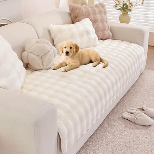 Royhom Plüsch Sofa Überzug L Form 1/2/3/4 Sitzer Couch Überzug Ecksofa, Sofaschoner rutschfest, Superweiche SofaÜberwurf aus Kunstpelz für Sofa, Teppich, Fensterbank Kissen(Creme 90x180cm)