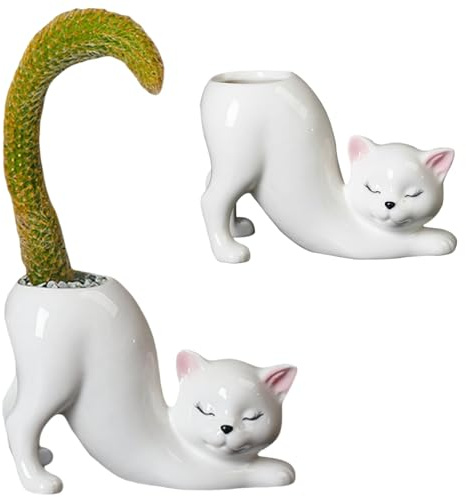 Kitty Cat Pflanztopf Schwanzlos Kätzchen Sukkulenten Blumentopf Neuheit Keramik Pflanzen Display Ständer Halter Bonsai Behälter für Katzenpflanzenliebhaber, niedlicher Büroschreibtisch, Home Indoor