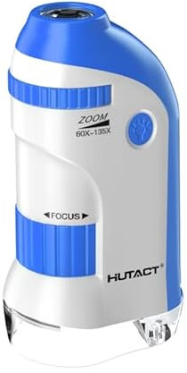 HUTACT Mini Mikroskop für Kinder mit Objektträger Set: 60x-135x LED Taschenmikroskop Tragbares Handmikroskop Bildungsgeschenk für Kinder Studenten Erwachsene Mikrobiologische Beobachtung - Azur