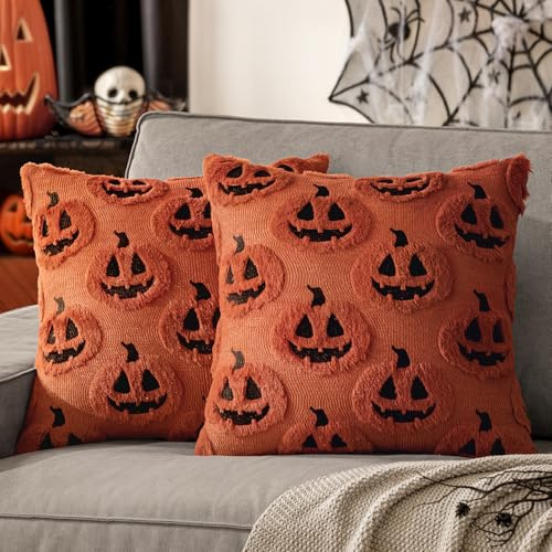 MIULEE Halloween Kissenbezug 45x45 2er D.Karamell mit Geist Kürbis Deko | Geist Kürbismonster Laternen Motiven Zierkissenbezug für Halloween Deko Kissenbezüge für Sofa Thanksgiving Couchkissen