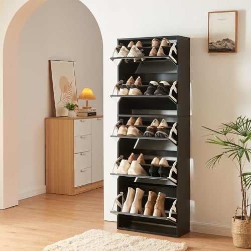 [en.casa] Schuhschrank Lund Schuhkipper mit 5 Klappen verspiegelt Schuhkommode für 20 Paar Schuhe 169 x 60 x 24 cm Schwarz
