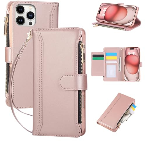 AOSBUTURY Handyhülle für iPhone 14 Pro Hülle mit Kartenfächer,Stoßfeste Etui Flip Case mit Armband und Drahtloser Aufladung,Lederhülle Klappbar Schutzhülle Cover,Roségold