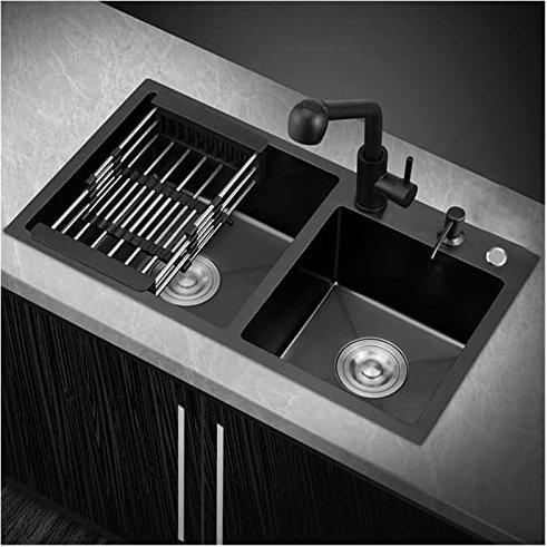 Fregadero de barra de acero inoxidable negro 304 de 85 x 45 x 22 cm, cuadrado, nano fregadero de cocina para cámper, montaje superior o inferior con grifo, duradero y elegante