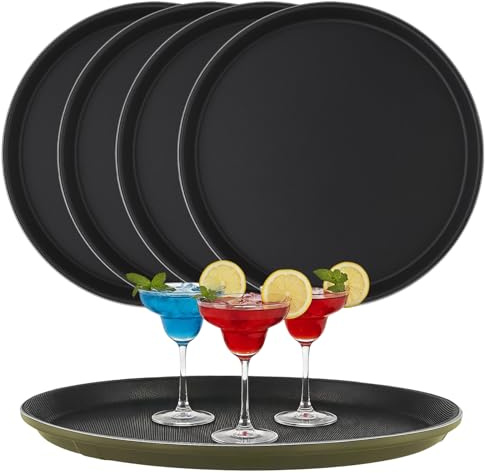 YIXNSW 5 Stück 28 cm Rund Serviertablett, Schwarz Tablett Rund mit rutschfeste Gummifüße für Restaurant, Café, Bar