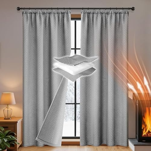 Rosnek Thermovorhang Kälteschutz Kräuselband, 100% Blackout Curtains mit Thermo & Gegen kälte, Dicke Schallschutz Vorhang für Schlafzimmer Wohnzimmer (H213xB140cm, Grau 2er Set)