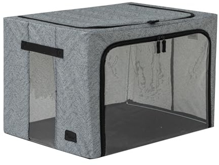 Periea ‘Beau’ Folding Collapsible Stackable Fabric Home Storage Boxes with Steel Frames (Herringbone, Large)
