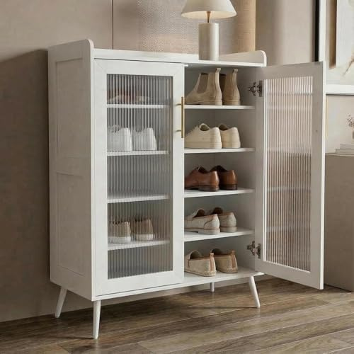 Koioplie Großer Schuhschrank Mit 2 Geriffelten Glas-Türen, 5 Ablagen, Moderner Freistehender Schuhschrank Aus Holz, Weiß, Stabile Beine, Schuhaufbewahrung Für Flur, Wohnzimmer, Eingangsbereich Weiß