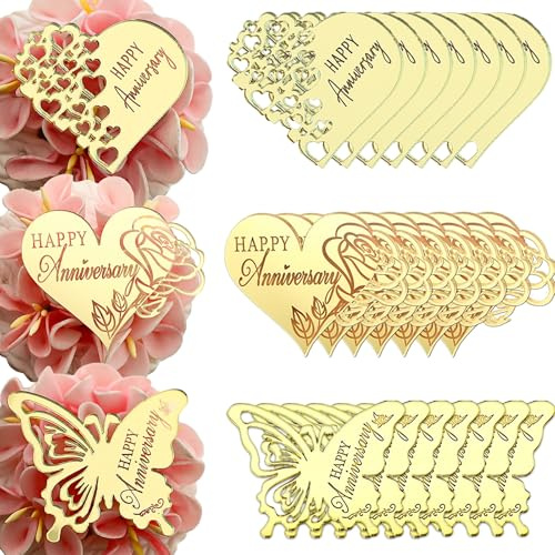 Happy Anniversary Cupcake Toppers, Gold Mirror Acrylic, Heart and Butterfly Designs, 21 Pieces