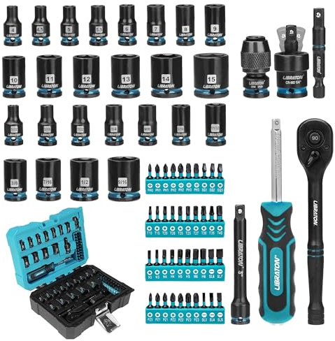 LIBRATON 71PCS 1/4 Dr. Impact Socket Set, SAE & Metric Socket Bit Set | Impact Ready Drive Socket Kit with 90-Tooth Ratchet & Spinner Handle for Drill & Impact Driver, Automotive Repair Tool Kit