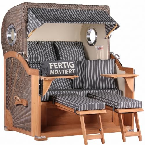 MR. DEKO® Strandkorb Baltikum 2,5-Sitzer Teak | PE Geflecht Grey | Volllieger Strandkörbe aus Teakholz mit 2 Bullaugen & Fußablagen | Polster mit 4 Kissen | Strandstuhl (Dessin 500)
