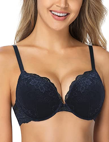 WingsLove Women's Push up Bra Floral Lace Padded Underwire Bra Demi Plunge (Navy Blue 34C)