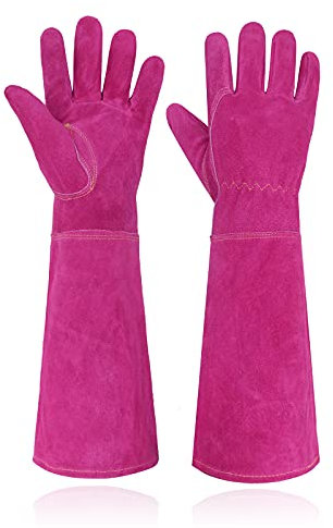 HANDLANDY Guantes de jardinería de cuero para mujer, guantes largos a prueba de espinas, guantes de poda de rosas hasta el codo (L, rosa)