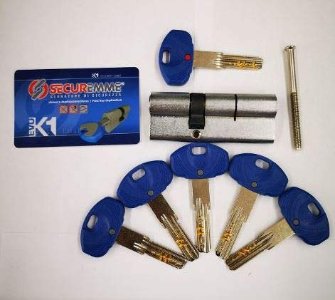 CILINDRO EUROPEO DI SICUREZZA CON SISTEMA DI CIFRATURA MECCANICO A 6 PERNI ATTIVI NICHELATO EVO K1 SECUREMME, SISTEMA ANTI-BUMP DUPLICAZIONE LIBERA MISURA TOTALE A= 90mm. (45-45)