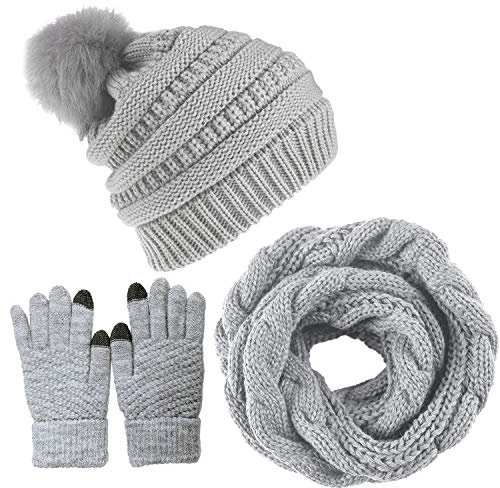 CheChury Damen Kombi Set Schal Mütze Set Loop Schal Gestrickt Beanie Strickmütze Fleece Bommelmütze Pompon Touchscreen-Handschuhe Strick mit Kreis Geschenkset für Frauen,Grau