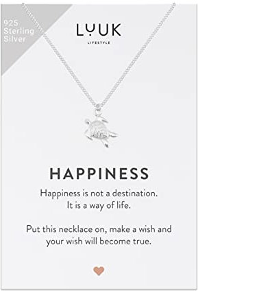 LUUK LIFESTYLE Halskette mit Schildkröte | Turtle Anhänger und HAPPINESS Geschenkkarte, 925 Sterling Silber, Reiseglücksbringer, Festivalschmuck für Frauen, Damenmodeaccessoire, Meeresmotiv, Silber