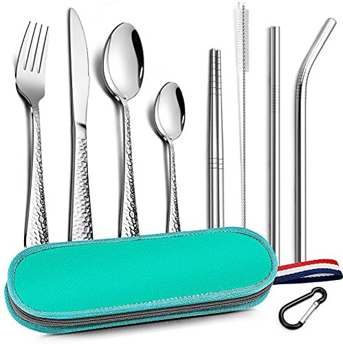 Homikit 9 Piece Camping Travel Cutlery Set, Stainless Steel Hammered Flatware Set for 1, Reusable Fork Knife Spoons Chopsticks Straws with Portable Case, Healthy & Dishwasher Safe (Green)