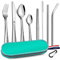 Homikit 9 Piece Camping Travel Cutlery Set, Stainless Steel Hammered Flatware Set for 1, Reusable Fork Knife Spoons Chopsticks Straws with Portable Case, Healthy & Dishwasher Safe (Green)