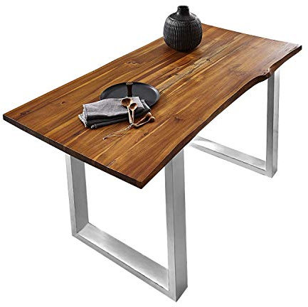 SAM Esszimmertisch 160x85 cm Esra, echte Baumkante, massiver & cognacfarbener Esstisch aus Akazienholz, U-Gestell aus Edelstahl, Baumkantentisch mit 26 mm Platte