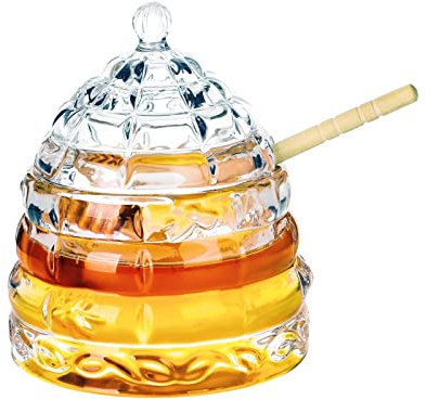 Honigglas mit Dipper und Deckel, 232 ml, kristallklar aus 1500 °C, handgefertigt, schweres Glas, Holz, Wabenhalter, Behälter für Honigtöpfe, Bienenstockgläser, Set für Kuchen, Marmelade, Küche, Biene