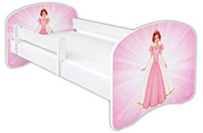 Clamaro 'Schlummerland' Kinderbett 80x160 (bis 150kg belastbar) mit Motiv, Rausfallschutz, Kantenschutz, Matratze und Lattenrost | Jugendbett Weiß | Motiv: 27 Prinzessin Rosa