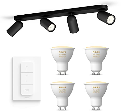 Philips Hue Pongee Aufbaustrahler (Schwarz) - Warm bis Kaltweißes Licht - inkl. Hue Dimmschalter - Deckenstrahler 4 Flammig - GU10 - Hue White Ambiance