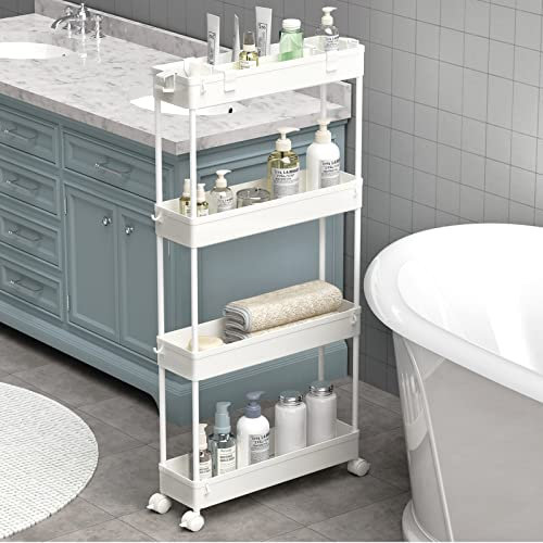 SPACELEAD SAKA – Chariot de Rangement Fin à 4 Niveaux pour Salle de Bain – Chariot de Rangement Coulissant – Étagère Mobile pour Bureau, Salle de Bain, Cuisine, buanderie – Endroits étroits – Blanc
