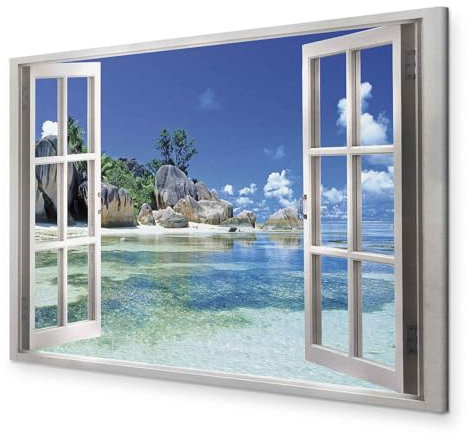 murando - Akustikbild Fensterblick Bilder Akustikschaum Hochleistungsschallabsorber Schallschutz Leinwand 1 tlg Wandbild Raumakustik Schalldämmung Strand Meer tropische Insel