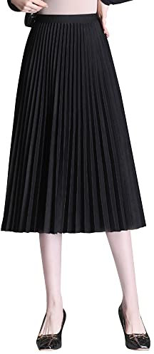 Camilife Damen Mädchen Plisseerock Midirock Damenrock in Mittlere Länge Silberfaser-Stricktuch Faltenrock Elastischer Bund für Frühling Herbst Rocklänge 75cm - Einfarbig Schwarz