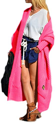 Mikos Cardigan Femme à Manches Longues – Pull Oversiza – Forme Ample Asymétrique – Veste Ouverte – Grosse Maille – Toutes Saisons – Gilet Taille Unique (658) (Rose Fluo)