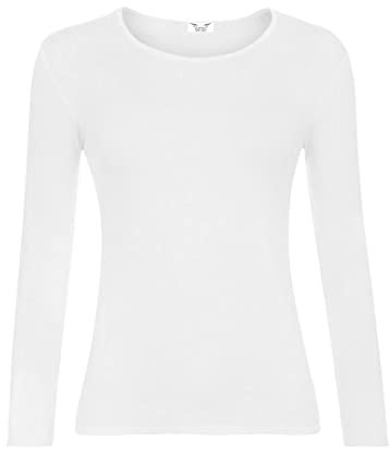 KATSSI Women’s Ladies Long Sleeve Stretch Plain Round Scoop Neck T Shirt Top ML White