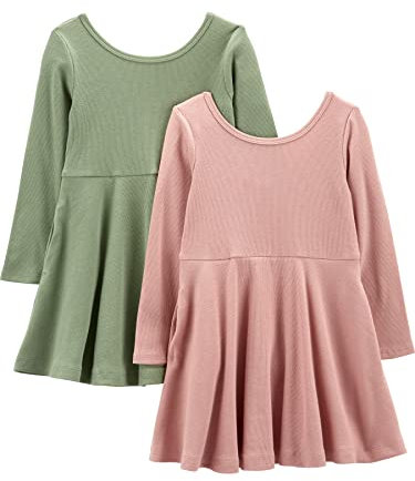 Simple Joys by Carter's 2-Pack Stretch Rib Dresses Robe, Vert Olive/Rose, 5 Ans (Lot de 2) Fille