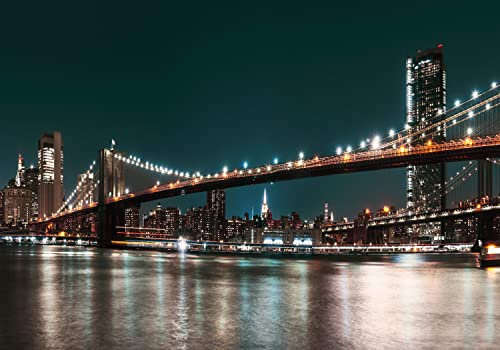 decomonkey Fototapete New York 350x256 cm XXL Design Tapete Fototapeten Tapeten Wandtapete moderne Wand Schlafzimmer Wohnzimmer Deko Modern Stadt City NY Brücke Panorama Licht Nacht