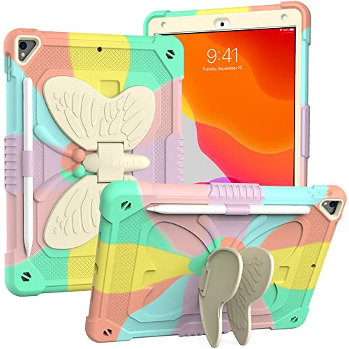 Tading iPad 9th / 8th / 7th Generation Case for Kids Girls, Cute Butterfly Stand Shockproof Cover for iPad 10.2 inch 2021/2020/2019 - Rainbow
